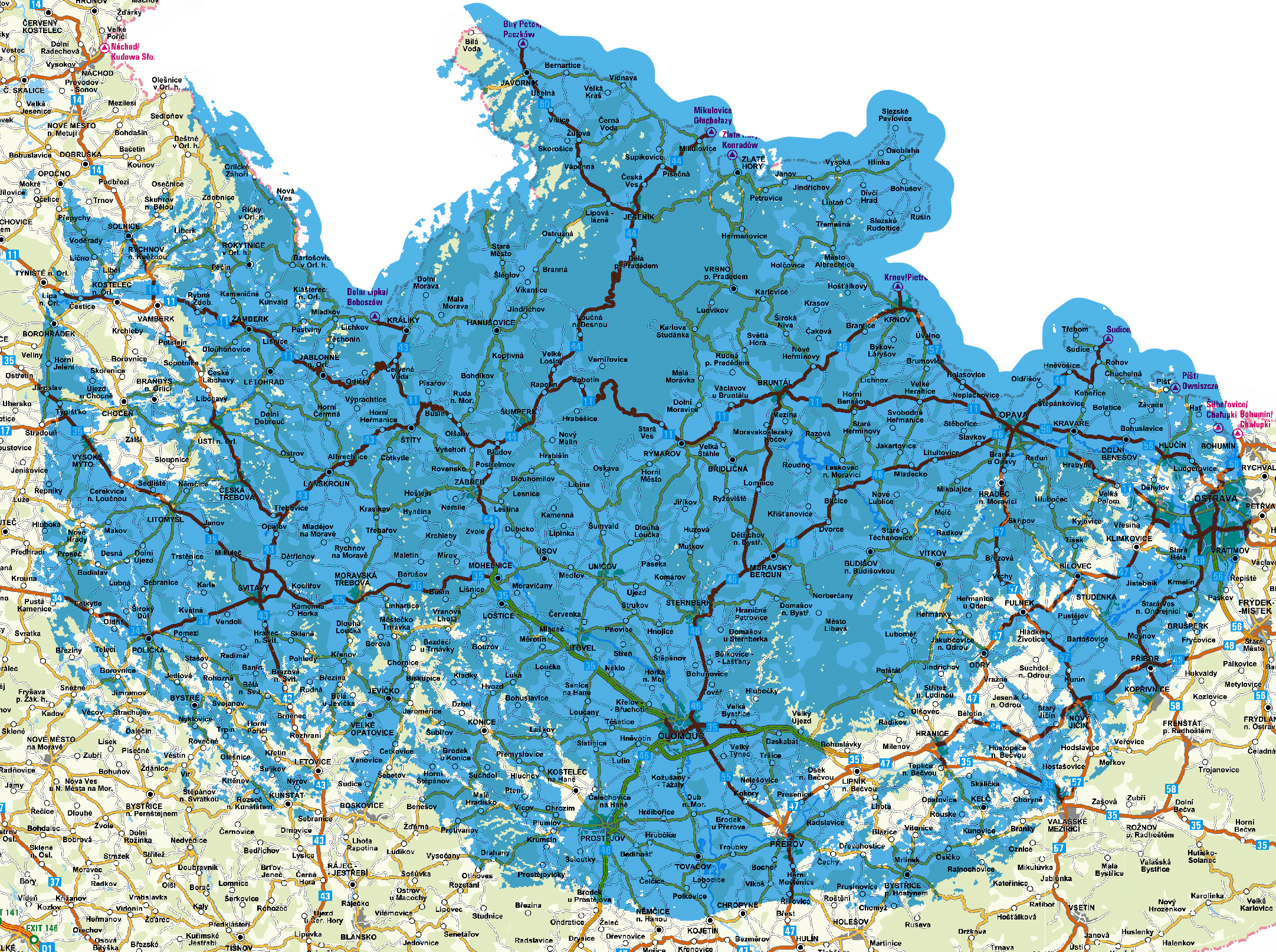 Mapa pokrytí multiplexu 3 z vysílače Jeseník - Praděd (kanál 51)