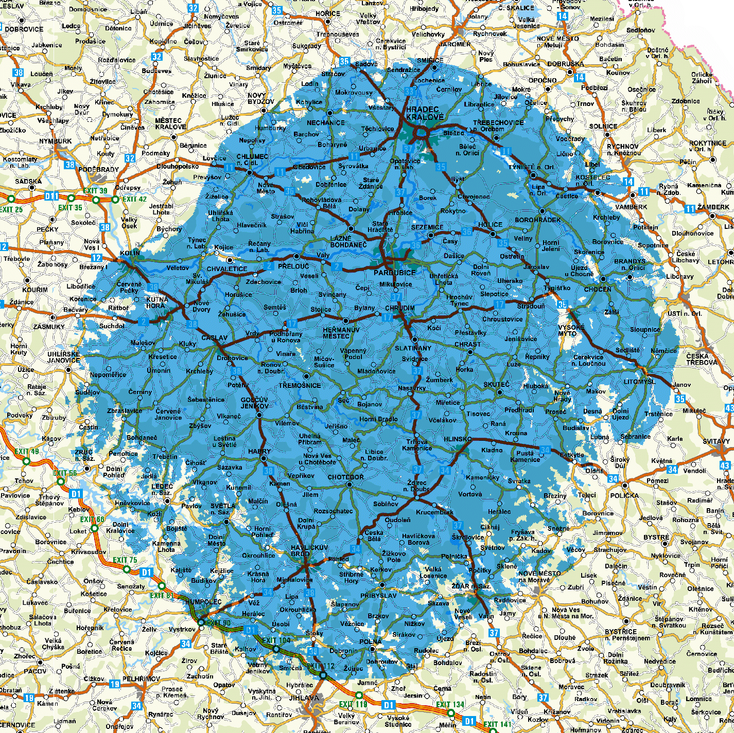 Mapa pokrytí multiplexu 3 z vysílače Pardubice - Krásné (kanál 34)